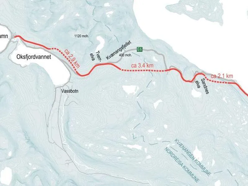 Kartet viser planområdet for utbygging av ny E6 Kvænangsfjellet.