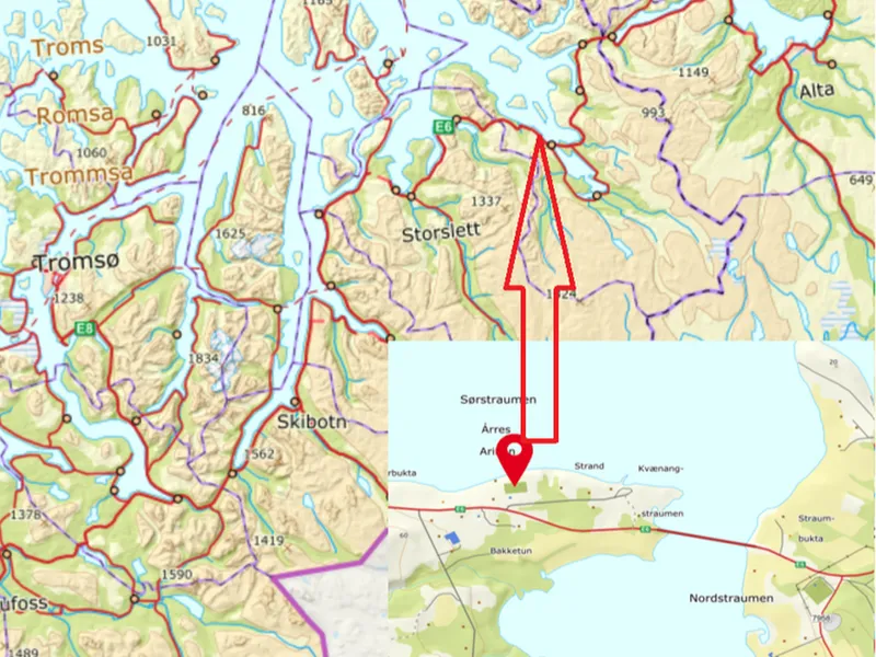 Punktet viser ca hvor LNS sin anleggsrigg i Sørstraumen i Kvænangen kommuner, er lokalisert.