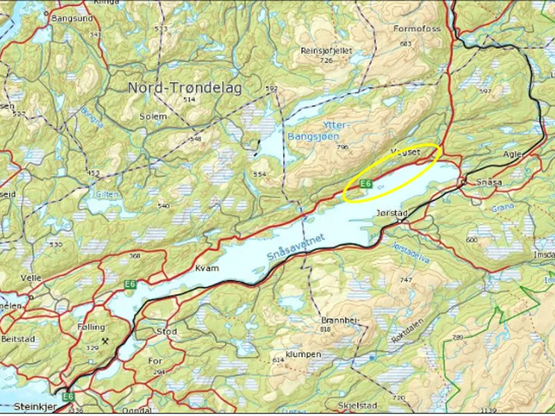 Bildet viser et kart over Nord-Trøndelag og Snåsavatnet hvor det skal bygges i prosjektet.