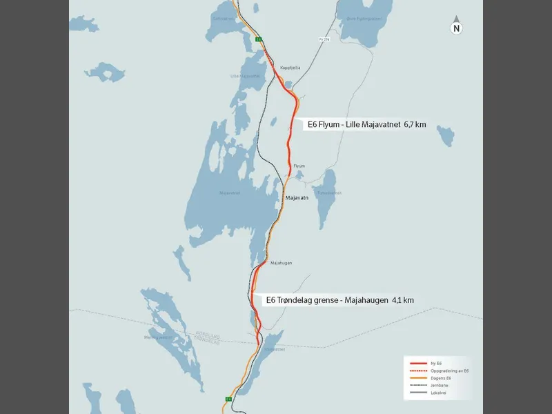 Kartillustrasjon over delstrekningen E6 Trøndelag grense–Lille Majavatn, som er en del av E6 Helgeland. Illustrasjon: Statens vegvesen