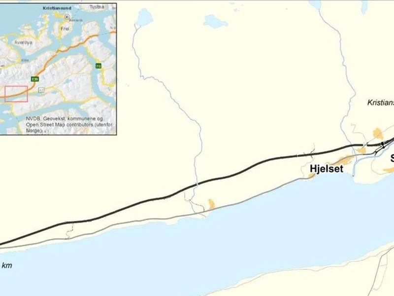 Nye E39 Lønset-Hjelset skal bygges i en ny trasé, nord for dagens E39. Illustrasjon: Statens vegvesen