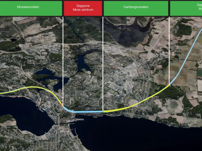 Prosjektet som skal gi ti nye kilometer med dobbeltspor strekker seg fra Sandbukta i sør mot Såstad og Rygge i nord. MossIA er entreprenør på 9 av 10 kilometer. Moss sentrum ble tatt ut av totalentreprisen på grunn av kvikkleire. Illustrasjon: Bane Nor.