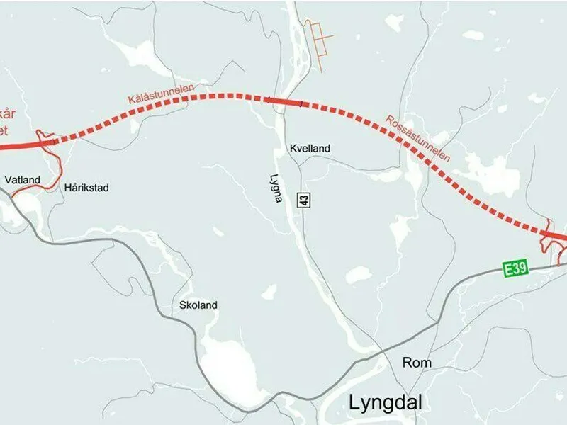 Kontrakten E39 Lyngdal øst - Lyngdal inngår i Nye Veiers oppdrag for ny E39 mellom Kristiansand og Ålgård. Illustrasjon: Nye Veier