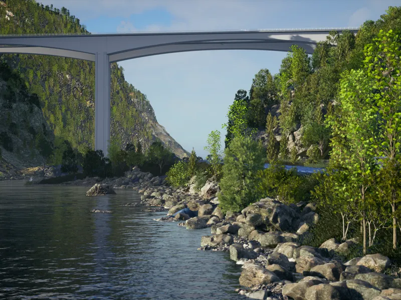 Den 300 meter lange Kvelland bru går over vassdraget Lygna ved Lyngdal. Illustrasjon: Nye Veier