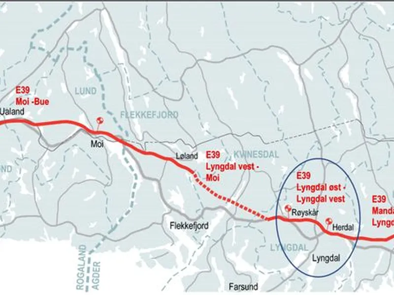 Kontrakten E39 Lyngdal øst - Lyngdal inngår i Nye Veiers oppdrag med helhetlig utbygging av ny, trafikksikker E39 mellom Kristiansand og Ålgård.