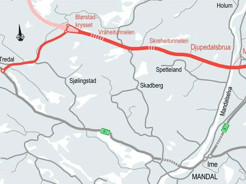 Kartet viser veilinjen fra Mandalskrysset (til høyre) og til Blørstad.