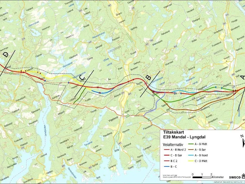 Illustrasjonen viser planområdet oppdatert med veialternativ A-B Nord 2 og B-C 2.