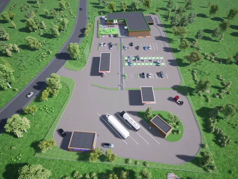 Nye Veier har signert kontrakt med Certas Energy Norway AS og Food Folk Norge AS for å drifte veiserviceanlegg med stor ladekapasitet i Mandalskrysset på E39 i Lindesnes, Agder. Illustrasjonen viser hvordan veiserviceanlegget kan bli seende ut.