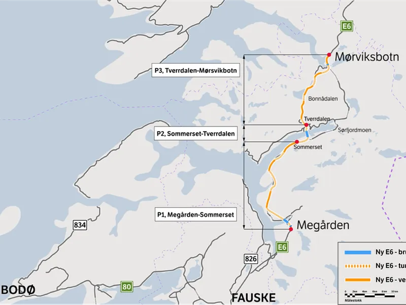Kartet viser utbyggingsprosjektet E6 Megården-Mørsvikbotn med sine tre byggetrinn.