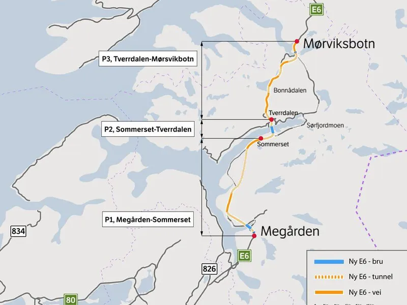 Kartet viser utbyggingsprosjektet E6 Megården-Mørsvikbotn med sine tre byggetrinn.