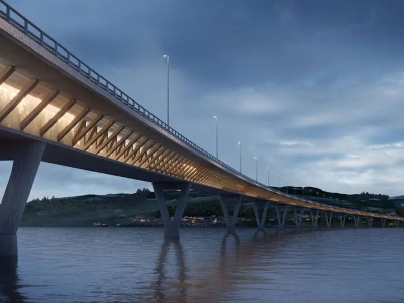 I 2021 måtte Nye Veier avbestille Mjøsbru-kontrakten med Berinor ANS. Elleve kilometer ny E6 mellom Moelv og Roterud ble dermed ikke ferdigstilt til 2025 som opprinnelig planlagt.. Illustrasjon: Selberg Arkitekter.