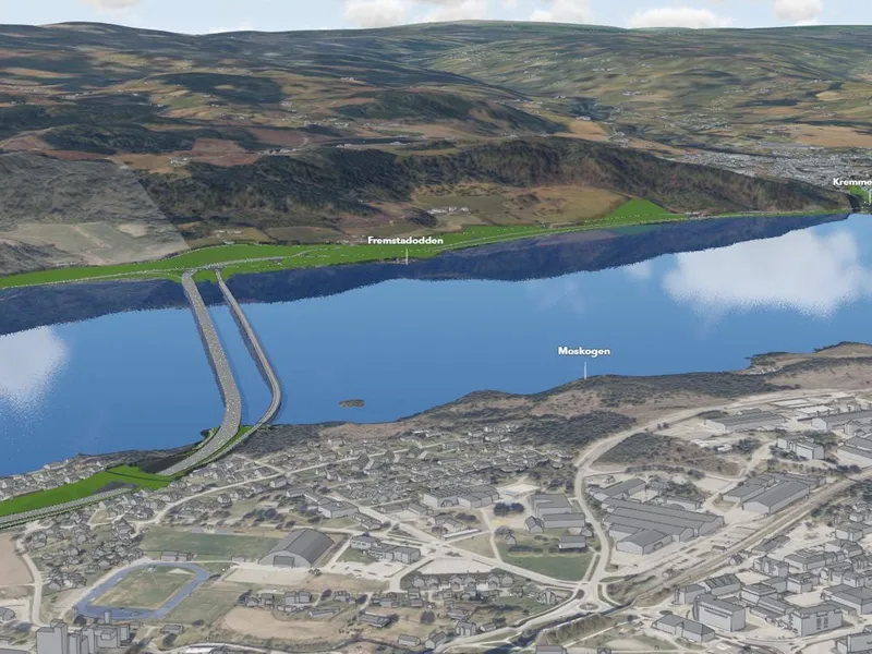I alternativ 1 ligger den nye Mjøsbrua for E6 omtrent 50 meter sør for den eksisterende Mjøsbrua. Illustrasjon: Nye Veier