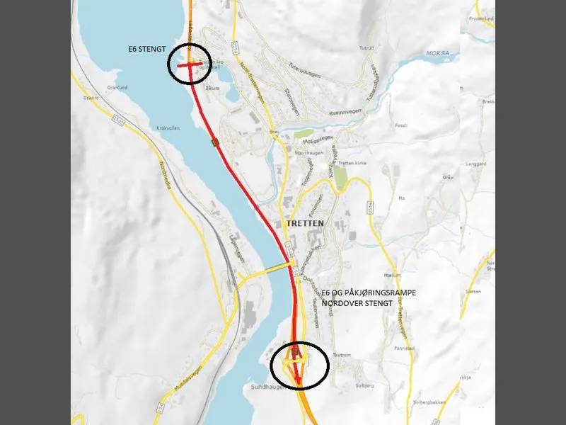 Kartet viser stengningspunktene, samt avkjøring E6 fra nord og sør for omkjøringsvei. Omkjøringen blir skiltet.