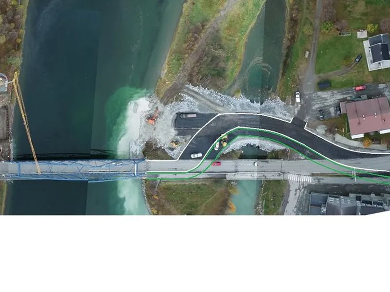Dronefoto med vegbeskrivelse av E6 Storslett bru.