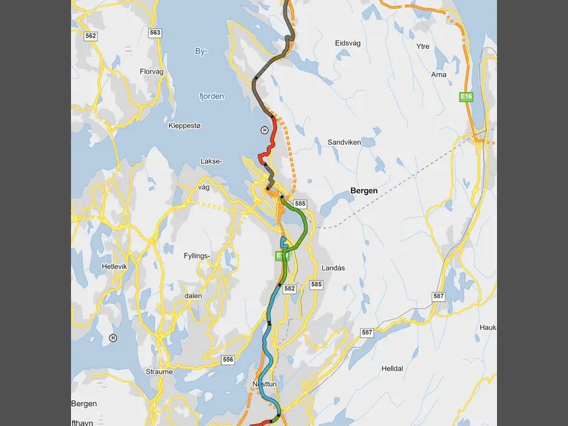 Bildet er en kartillustrasjon av E39 Sykkelstamvegen i Bergen. Kartet viser sykkelvegens strekning frå Flesland i sør til Vågsbotn i nord.