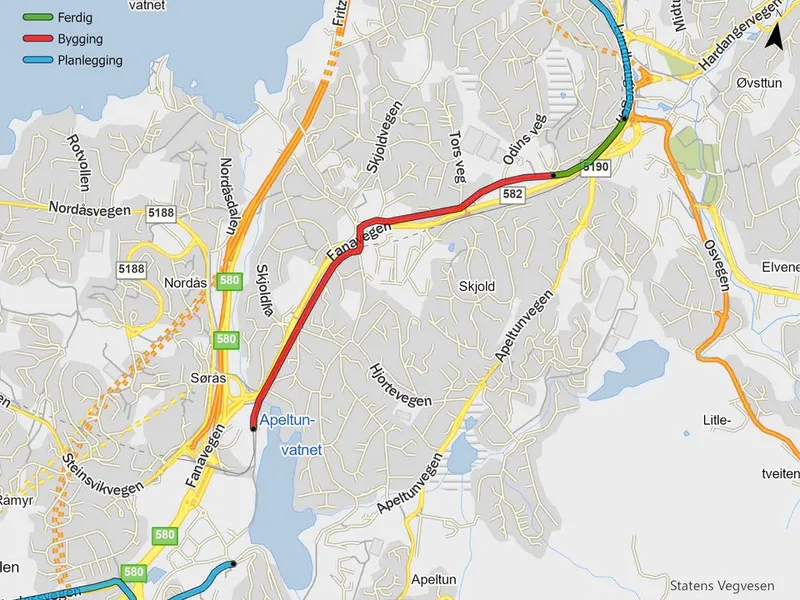 Bildet er av et kart som viser delstrekning 2 på Sykkelstamvegen i Bergen som no skal bli bygd ut. Strekningen er markert med rød farge og går frå Apeltunvannet til Nesttunbrekka.