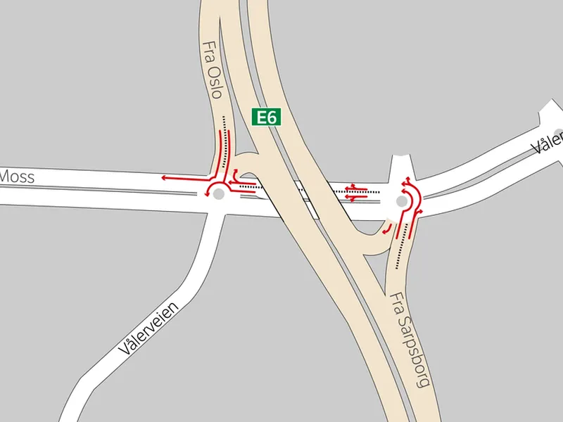 Slik er det nye kjøremønsteret fra E6 og i Patterødkrysset. (llustrasjon: Statens vegvesen)