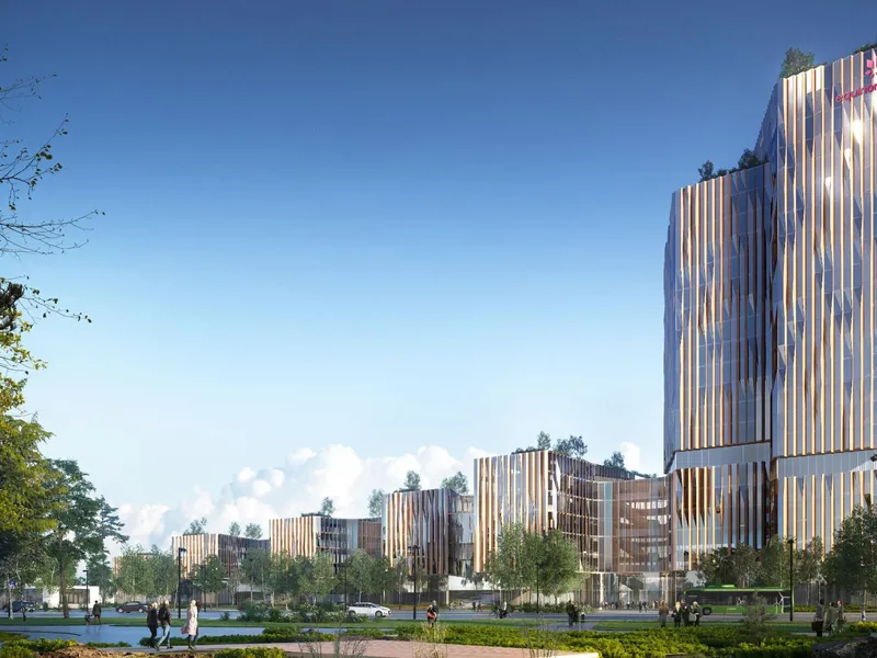 Seabrokers Eiendom har lansert forslag om høyhus i 24 etasjer, med omkringliggende, lavere bygg.. Illustrasjon: 3XN arkitekter
