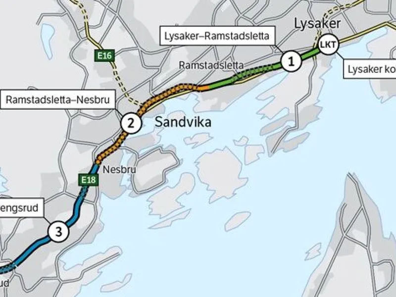 Det planlagte motorveiprosjektet utgjør en strekning på 17,3 km og på sin ferd vestover passerer den tre kommuner: Oslo, Bærum og Asker. Del 1 er under utybygging, mens planarbeidet på strekning 2 foregår. Når utbyggingen fordi Sandvika kan starte, er høyst usikkert. Kart: Statens vegvesen.