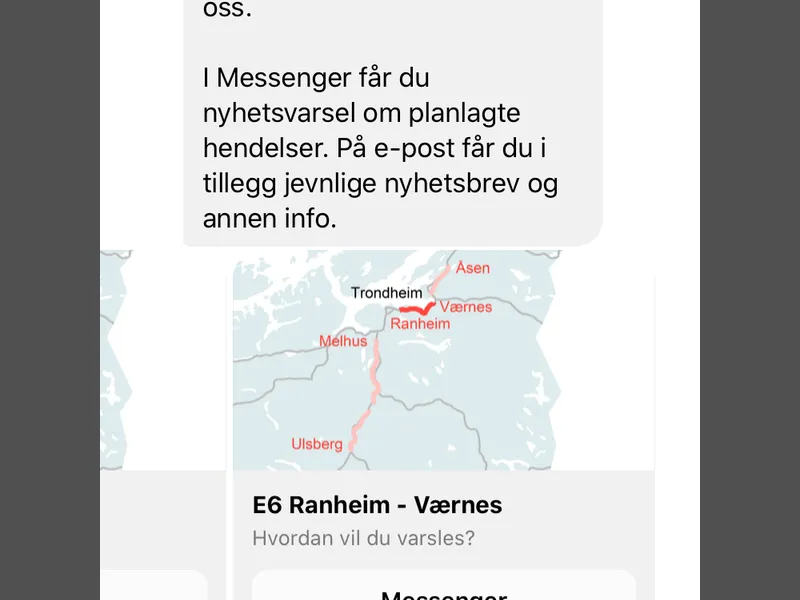 Nye Veier er de første i Norge til å bruke Messenger og chatbot-teknologi for å dele trafikknyheter.