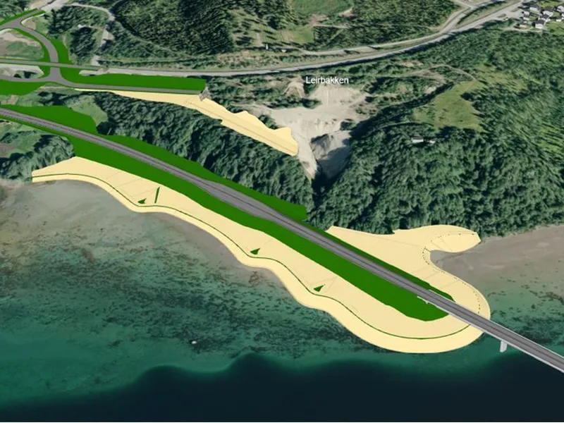 Illustrasjon av sjøfyllingen som skal etableres ved Leirbakken i Ramfjord (Statens vegvesen)