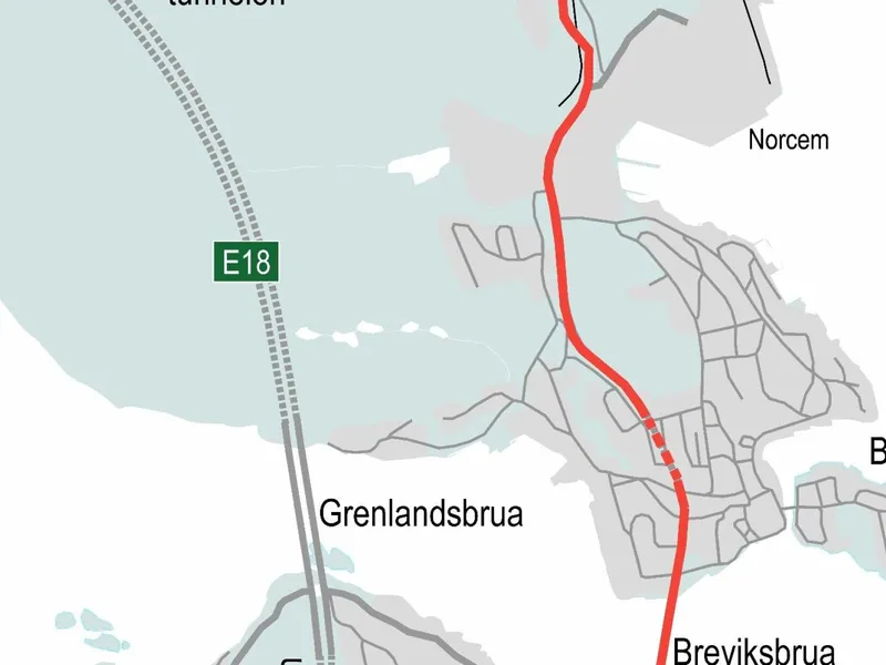 Nye Veier melder om endringer i kjøremønster når prosjektet E18 Rugtvedt - Langangen går inn i en periode med omfattende testing av teknikk og utstyr.. Kart: Nye Veier