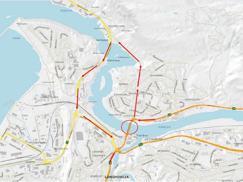 Trafikken som skal sørover på E6 får omkjøring via Selforsvegen og Nesnavegen. Illustrasjon: Statens vegvesen.