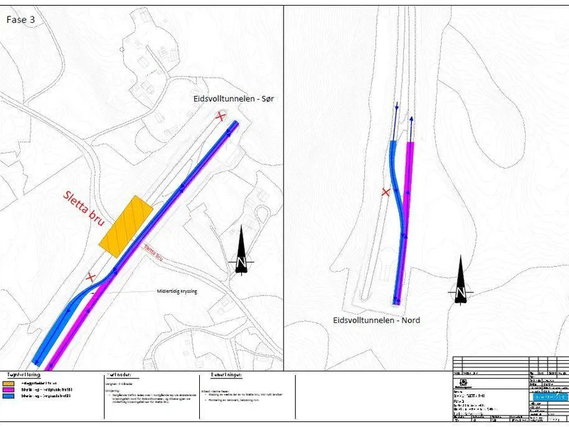 Illutstrasjon som viser trafikkavvikling forbi anleggsområdet og Eidsvolltunnelen når trafikken i begge retninger skal gå i nordgående tunnel.