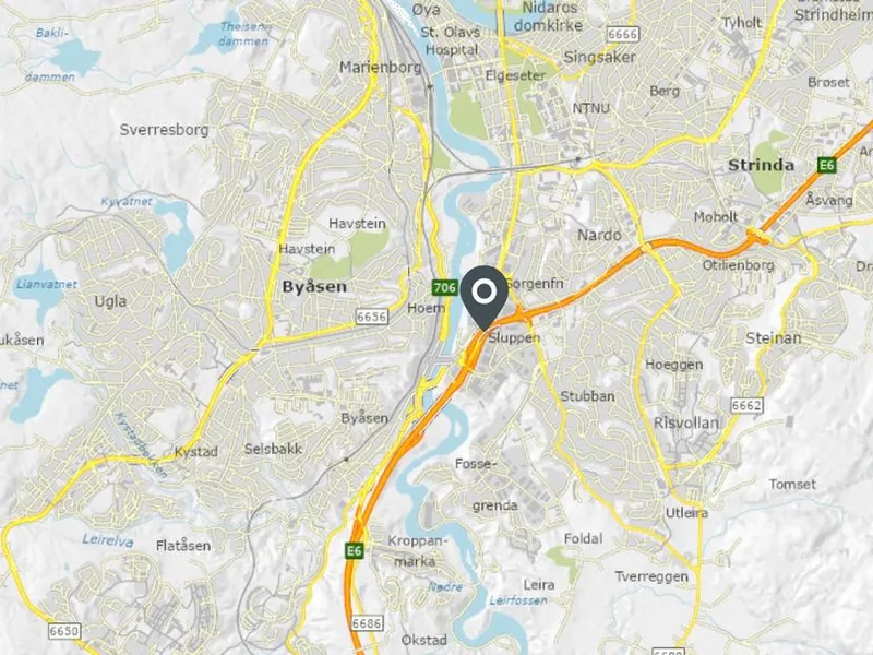 Kartplassering E6 Sluppen Viadukt i Trondheim.