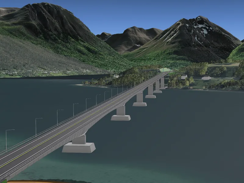Bru over Ramfjord, sett fra Laukslettsiden mot Sørbotn. Illustrasjon: Statens vegvesen