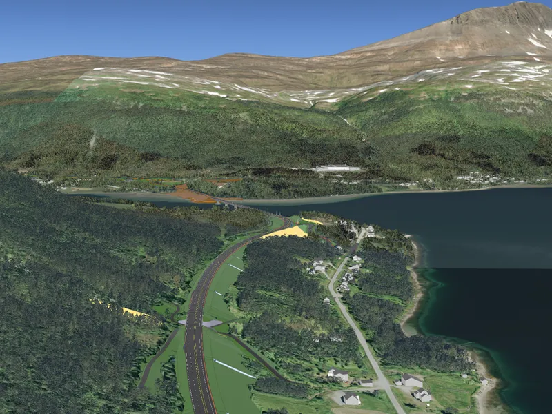 Illustrasjon av vei i dagen sørøst mot Sørbotn. I bakgrunnen kan man skimte brua over Ramfjorden og Lauksletta. Illustrasjon: Statens vegvesen