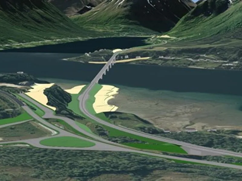 Deler av ny E8 Sørbotn-Laukslett, med tilhørende bru over Ramfjorden. Illustrasjon: Statens vegvesen
