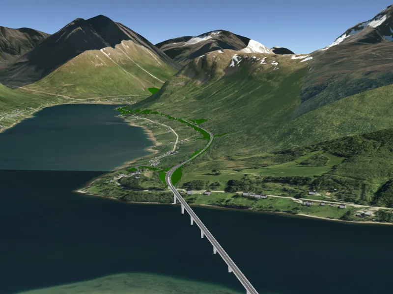 Ramfjord bru og ny E8 inn mot Sørbotn. Dagens E8 ligger på motsatt side av fjorden. Illustrasjon: Statens vegvesen