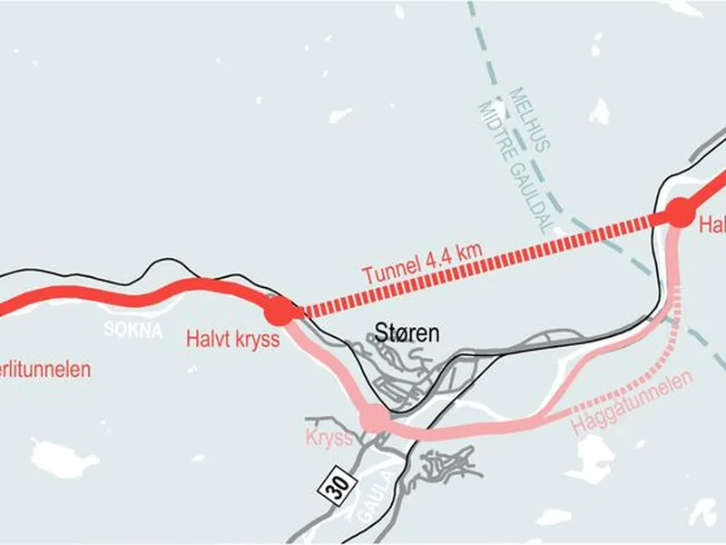 Denne illustrasjonen viser nytt forslag for E6 forbi Støren sammenlignet med tidligere forslag. Med det nye forslaget blir strekningen kortet ned med ca. 2,3 km.