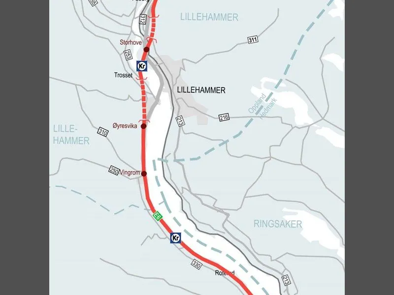 Strekningen Storhove-Øyer vises i den øvre delen av kartet.