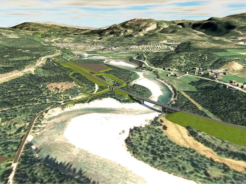 Illustrasjon viser blant annet planlagte nye Svenningelv bru med ny E6 og tunell inn i Bergåsen. Tettstedet Trofors i bakgrunnen.