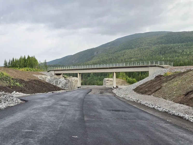 Bildete viser at ny E& går under en jernbanebru. Bilteteksten sier, Jernbanebru: E6 Svenningelv-Lien krysser Nordlandsbanen to ganger. I nord går togtrafikken over den nye vegen på en ny jernbanebru.