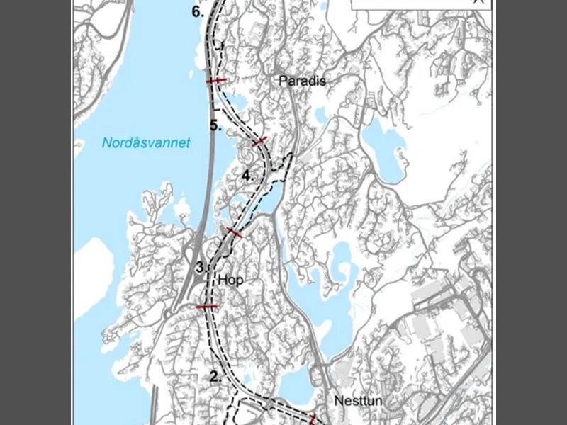 Bildet viser et kart med reguleringsplangrense og markeringer for ulike deler på den regulerte strekningen.