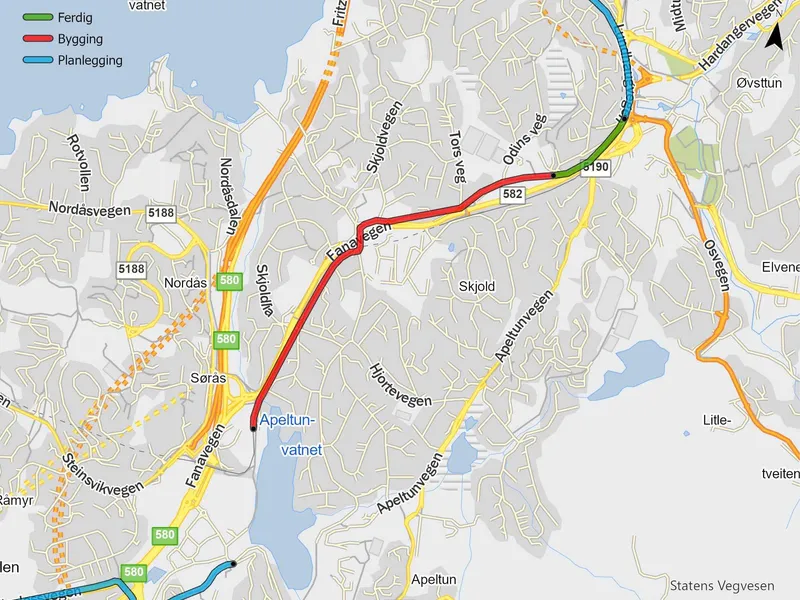 kartet viser et utsnitt fra Bergen hvor en ser vegnettet og stedsnavn og streker på kartet som viser hvor sykkelstamveg-nettet i Bergen bygges.