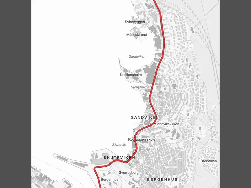 Kartet viser desltrekning 6b og c på Sykkelstamvegen i Bergen som nå skal byggges ut. Strekningen går fra Bradbenken via Sandvikstorget til Glassknag.