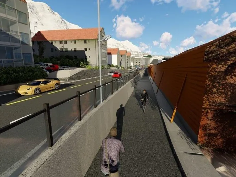 Illustrasjo av gående og syklende får adskilte tilbud langs strekningen. Illustrasjonen viser sykkelveg langs reperbanen sett fra nord mot sør, retning Bergen sentrum. Tilbud for gående blir på baksiden av Reperbanen mot Byfjorden.