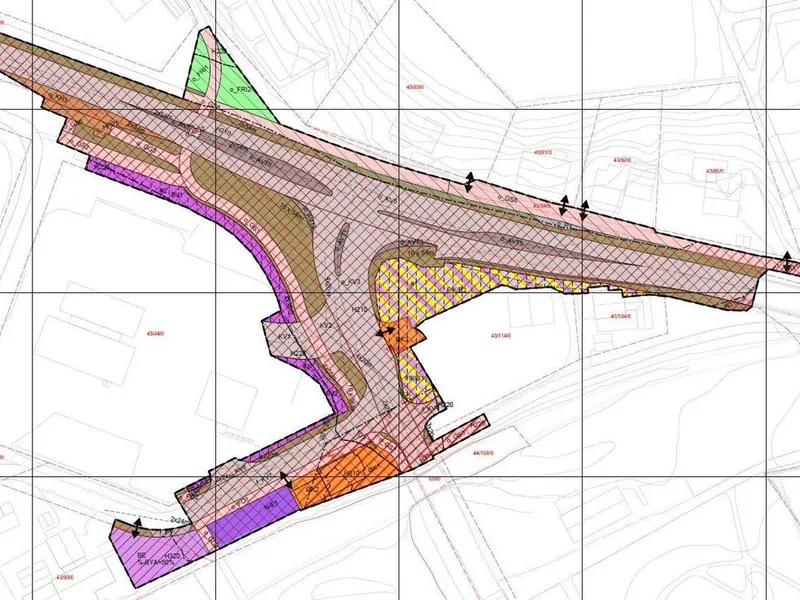 Forslag til plankart for detaljregulering vegkryss rv.15-Sjøgata som er lagt ut til offentleg ettersyn. - Klikk for stort bilete