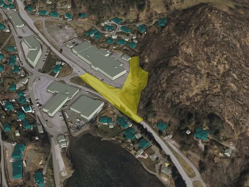 Planområdet sett i 3D-kart - Gul markering er planens avgrensning.Kilde: Planinitiativ for Sokndalsveien 140