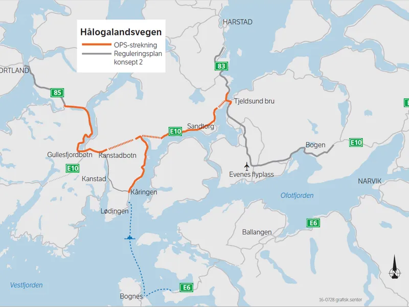 OPS-prosjektet E10/rv. 85 Tjeldsund–Gullesfjordbotn–Langvassbukt. Illustrasjon: Statens vegvesen.