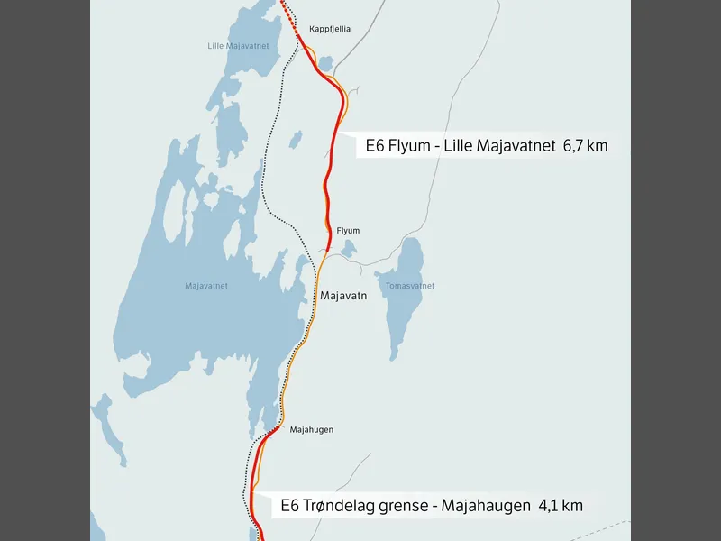 Illustrasjonskart, strekningene E6 Trøndelag grense–Lille Majavatn