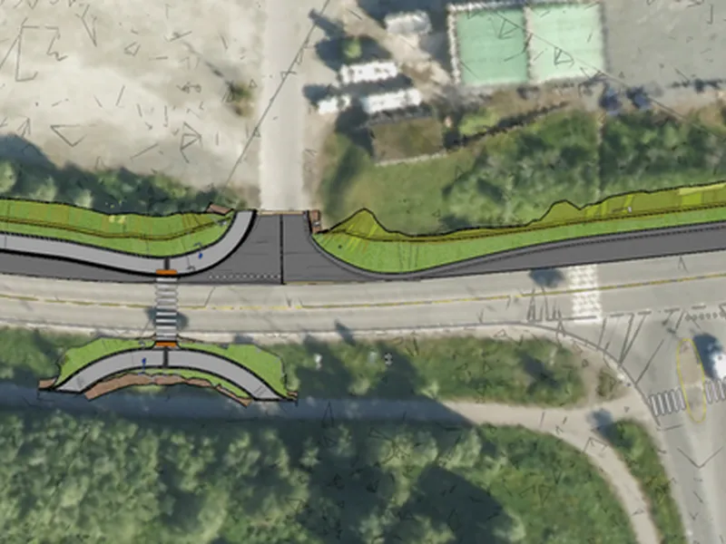 Bildet er en illustrasjon som viser hvordan krysset til båthavna blir seende ut når nye holdeplasser og passeringslomme er på plass. Tiltaket skal bedre trafikksikkerheten og flyten i trafikken på denne delen av E8 i Tromsdalen.