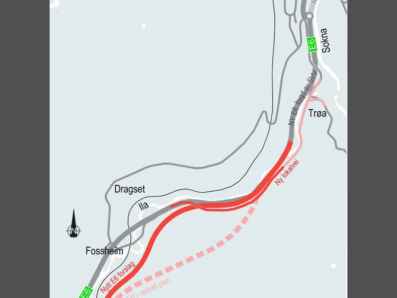Dette er veilinjen Nye Veier ønsker i Vindåsliene. Firefelts vei i dagsone og med god tilkobling til både E6 gjennom Soknedal og lokalveien.