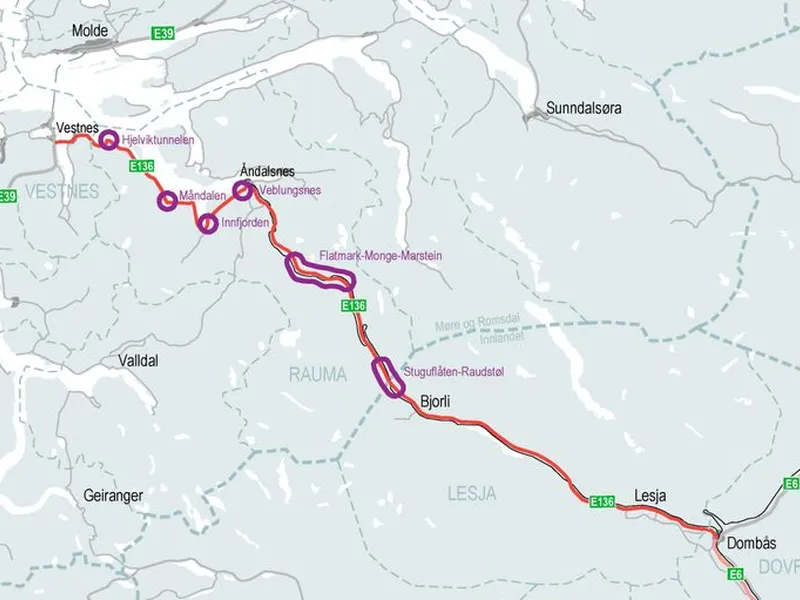 Strekningskart som viser flere av aktuelle tiltak / delstrekninger på strekningen E136 Dombås-Vestnes. Veblungsnes ligger i Ånddalsnes, mens Stuguflåten-Raudstøl er lokalisert nærmere Bjorli.