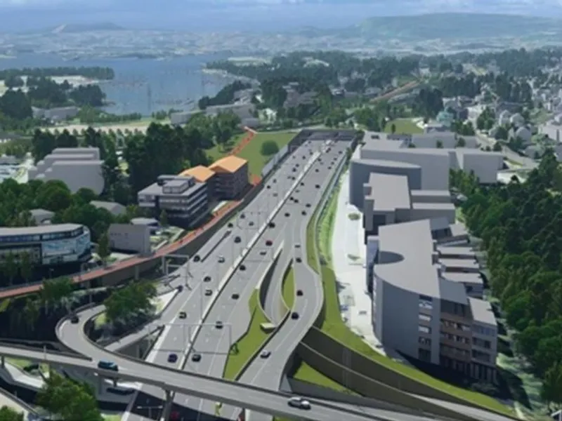 Bygging av nytt Fornebukryss (nærmest) og Stabekklokket, cirka midt i illustrasjonen, inngår i entreprise E102 Fornebukrysset–Strand. Illustrasjon: ViaNova
