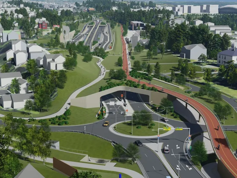 MINDRE KØ. Realiseringen av det nye hovedveisystemet skal sørge for god framkommelighet for kollektivtrafikken, for gående og syklende og fremme miljø og byutvikling gjennom bygging av tunneler og miljølokk. Her fra Strandlokket retning Oslo. Illustrasjon: ViaNova